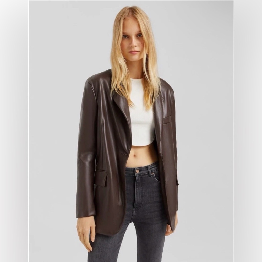 NWOT Bershka Oversized Chocolate Brown Faux Leather Moto Blazer Jacket, Size M